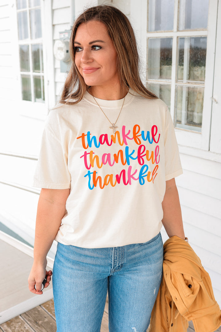 Colorful Thankful x3 Graphic Tee - Ivory