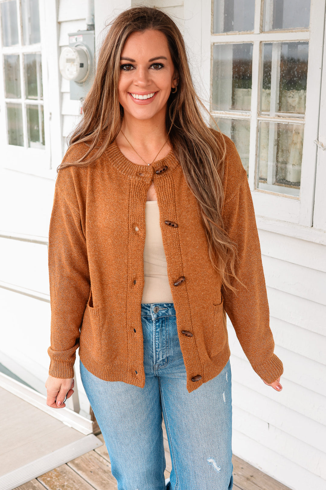 Elise Ribbed Button Down Cardigan - Camel