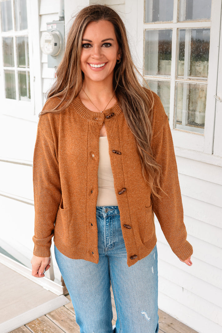 Elise Ribbed Button Down Cardigan - Camel