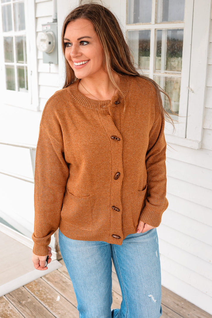 Elise Ribbed Button Down Cardigan - Camel