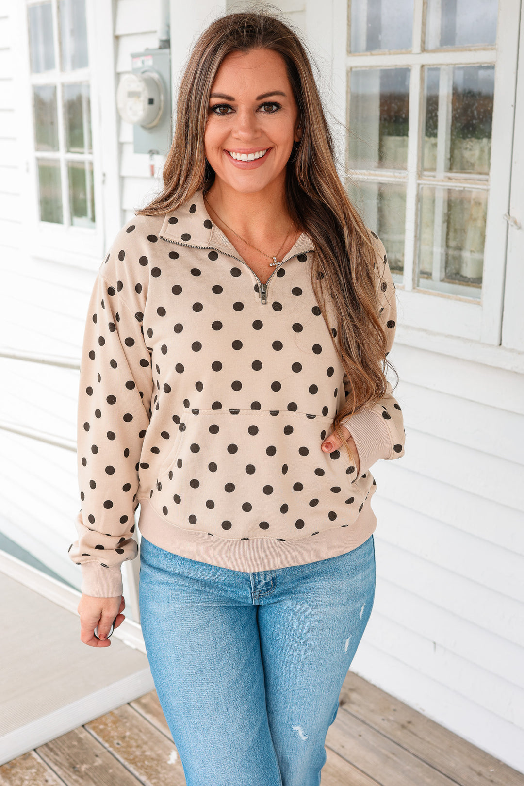 Playful Polka Dot Half-Zip Pullover - Sand