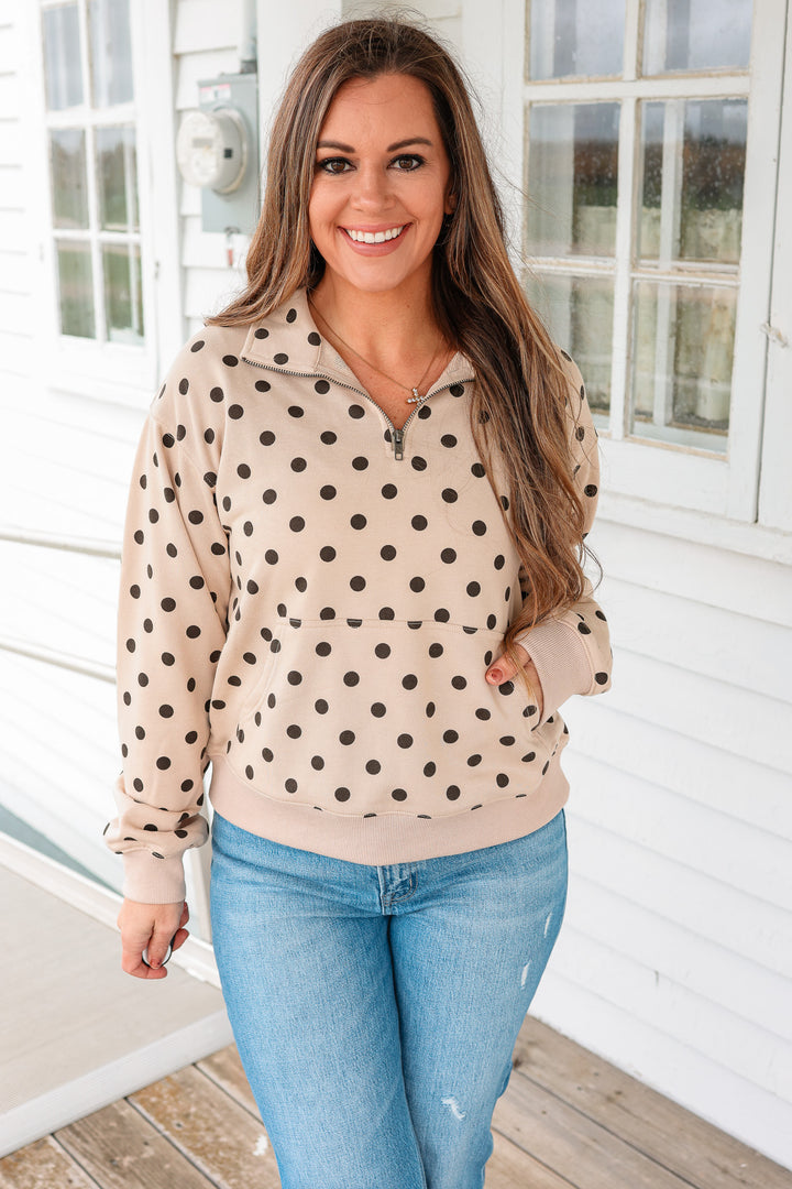 Playful Polka Dot Half-Zip Pullover - Sand