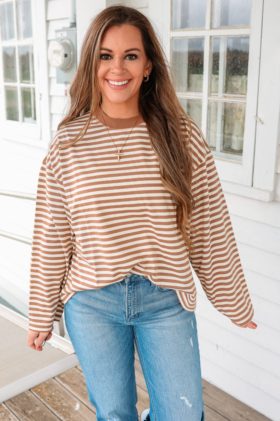 Noelle Stripe Long Sleeve Top - Latte