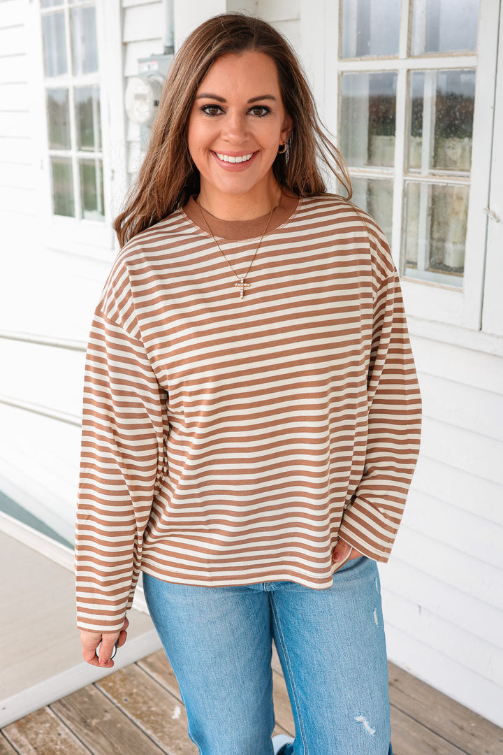 Noelle Stripe Long Sleeve Top - Latte