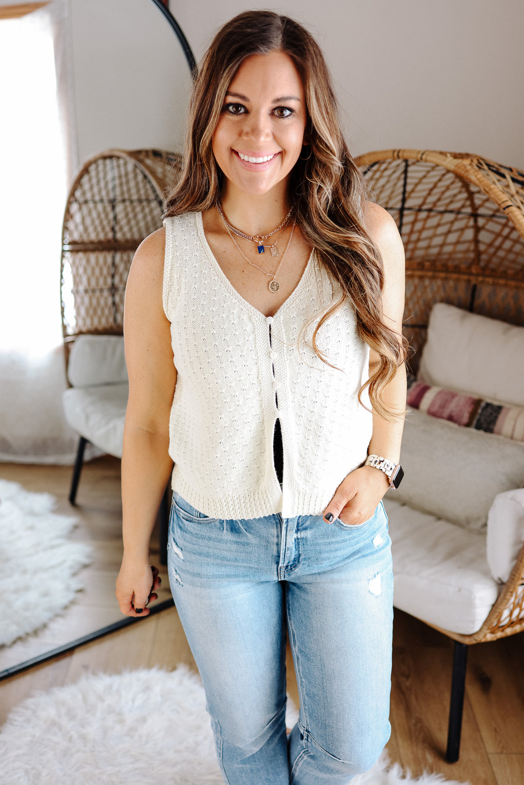 Azalea Pointelle Sweater Tank - Cream