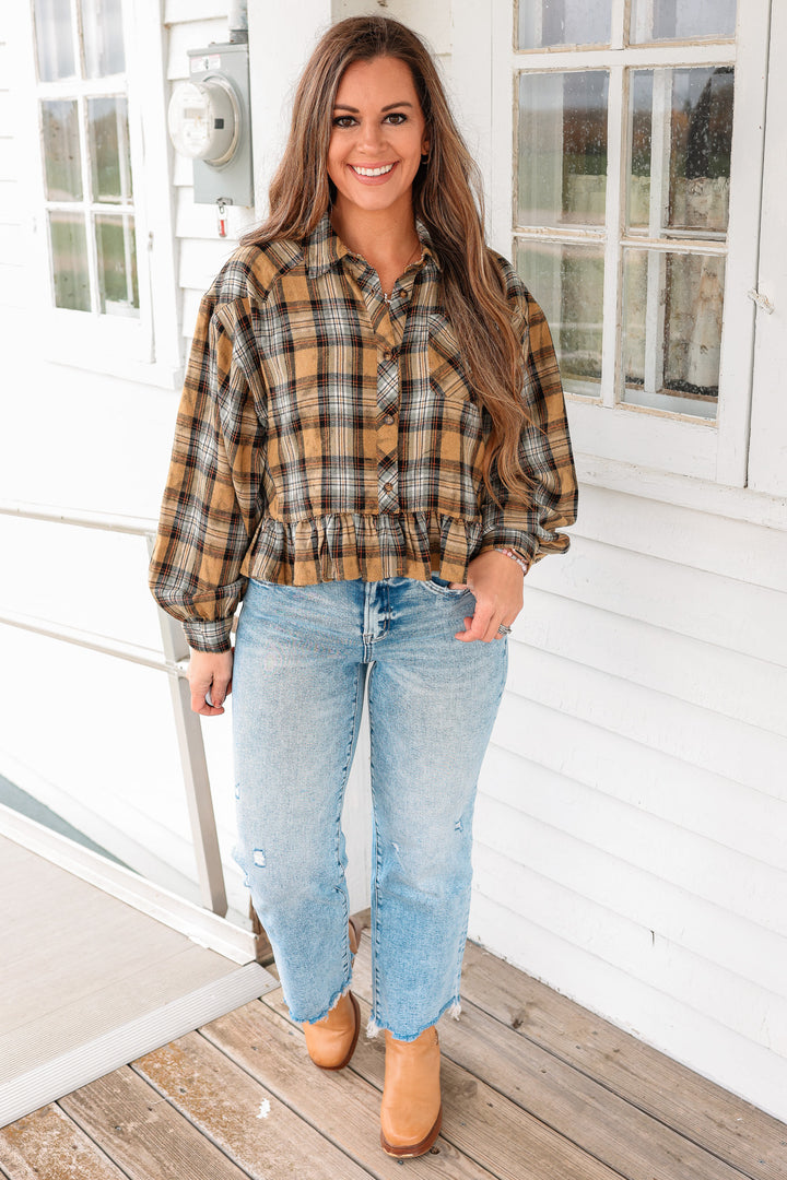 Aubri Frill and Checkers Button Down - Taupe