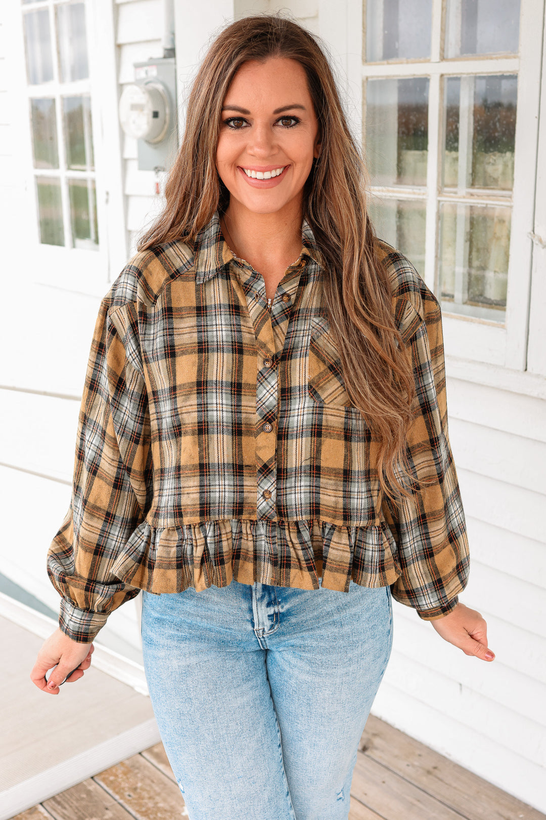 Aubri Frill and Checkers Button Down - Taupe