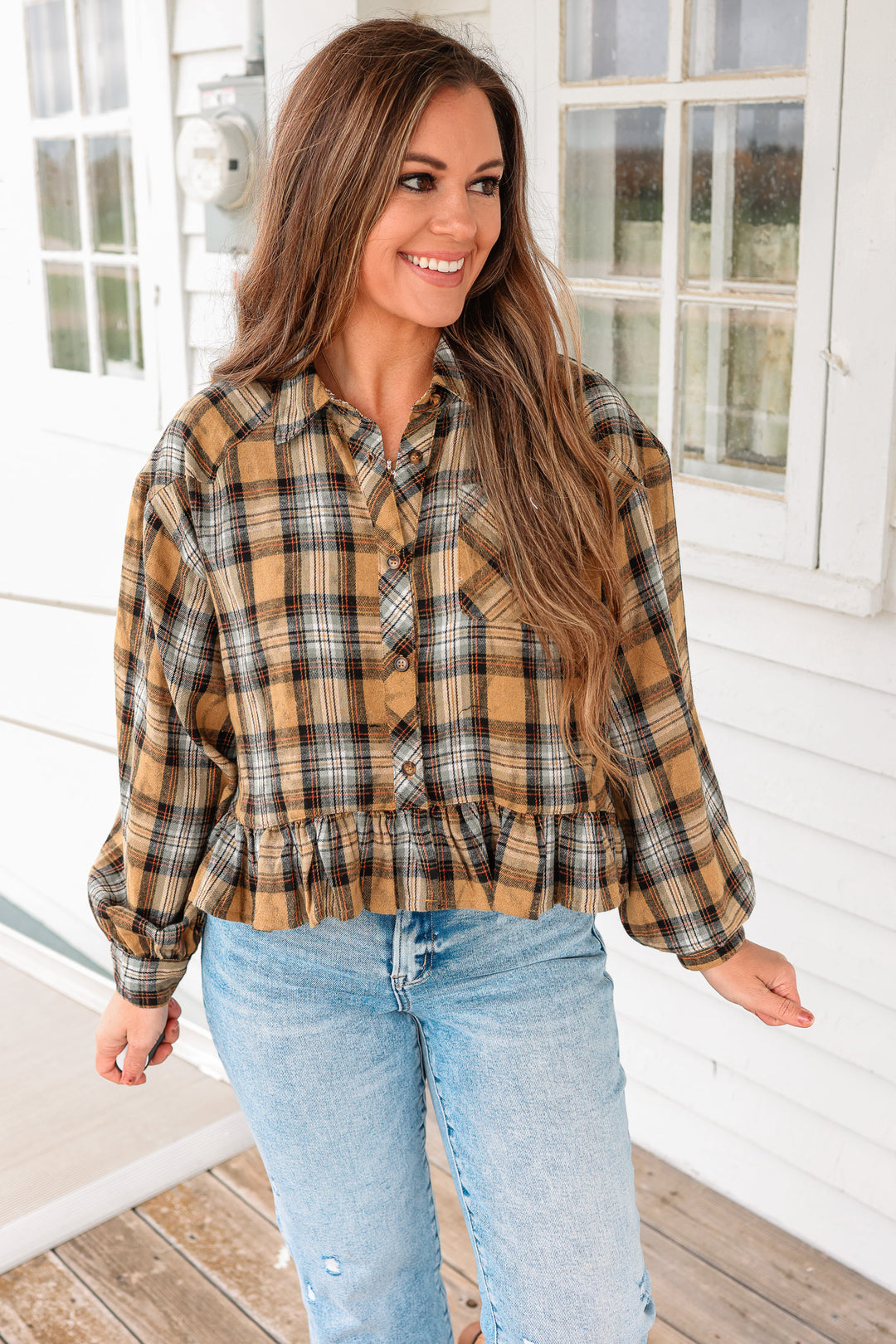 Aubri Frill and Checkers Button Down - Taupe