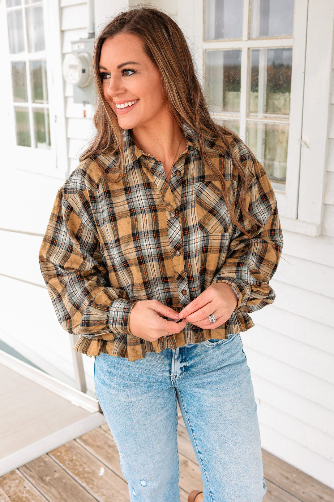 Aubri Frill and Checkers Button Down - Taupe