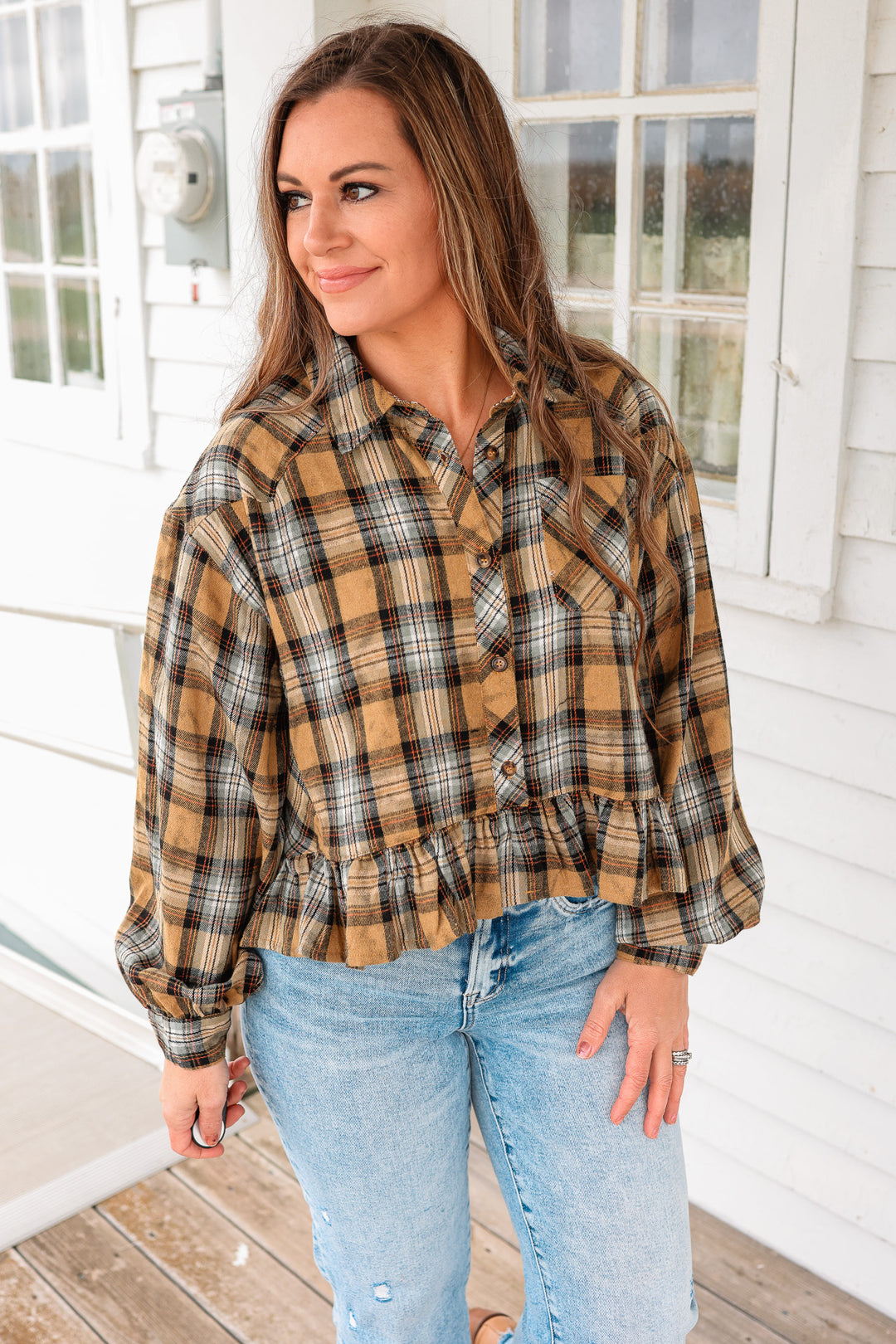 Aubri Frill and Checkers Button Down - Taupe