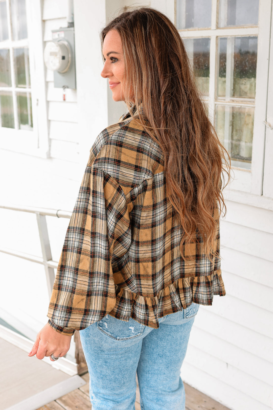 Aubri Frill and Checkers Button Down - Taupe