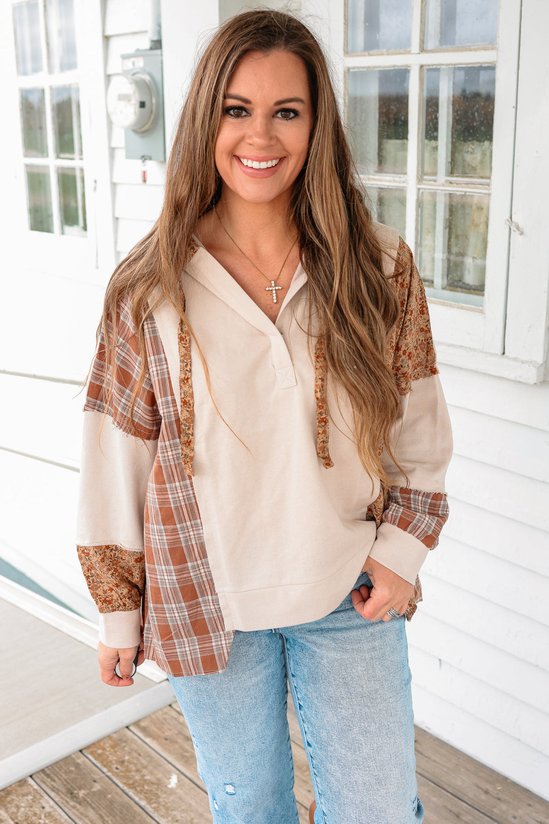Landry Plaid Floral Color Block Hoodie
