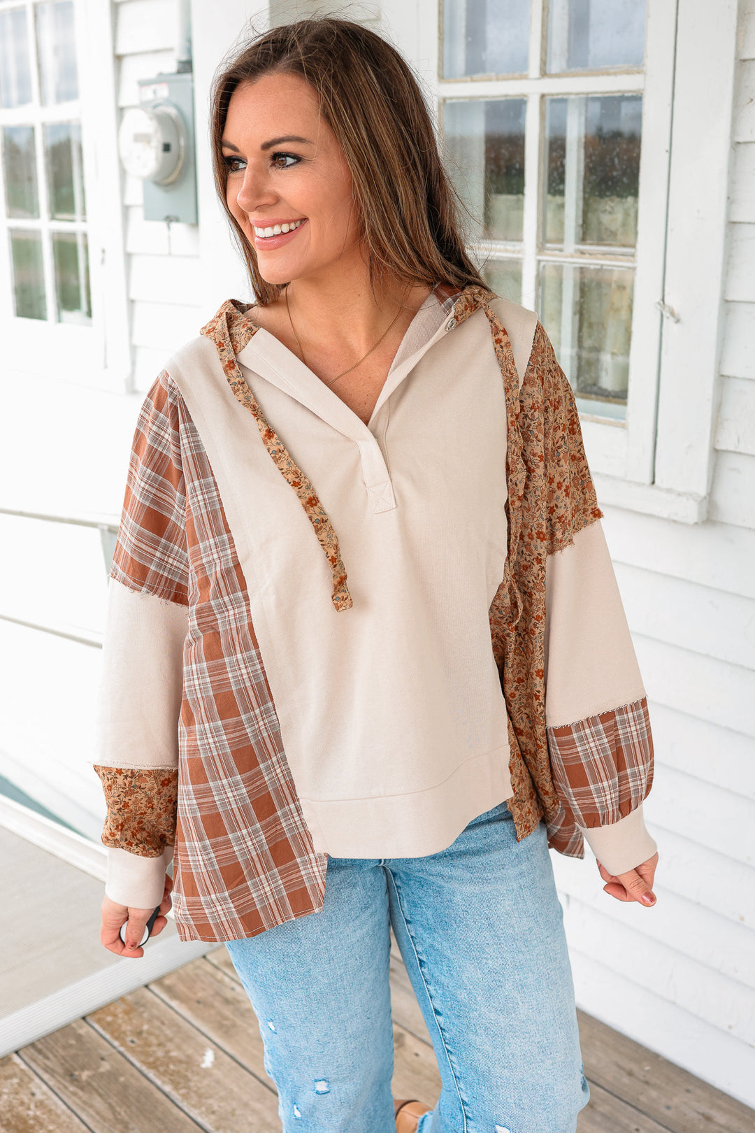 Landry Plaid Floral Color Block Hoodie