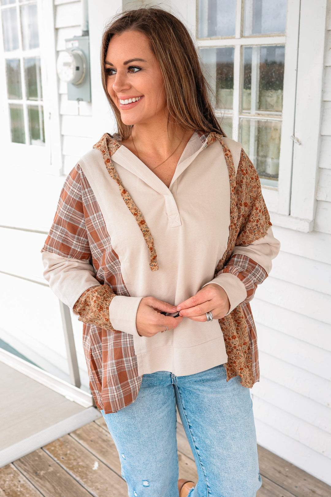 Landry Plaid Floral Color Block Hoodie