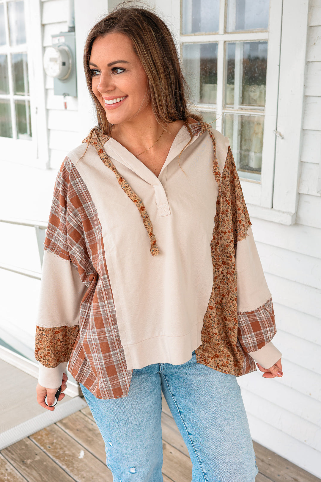Landry Plaid Floral Color Block Hoodie