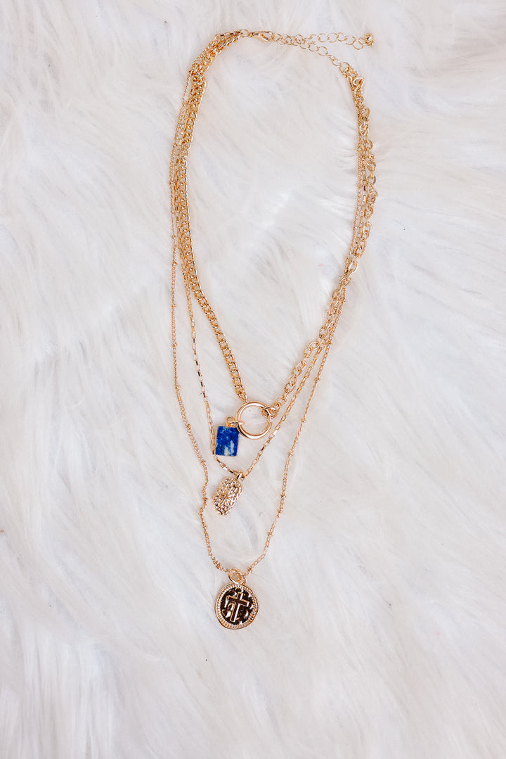 Layer Celestial Cross Blue Stone Charm Necklace