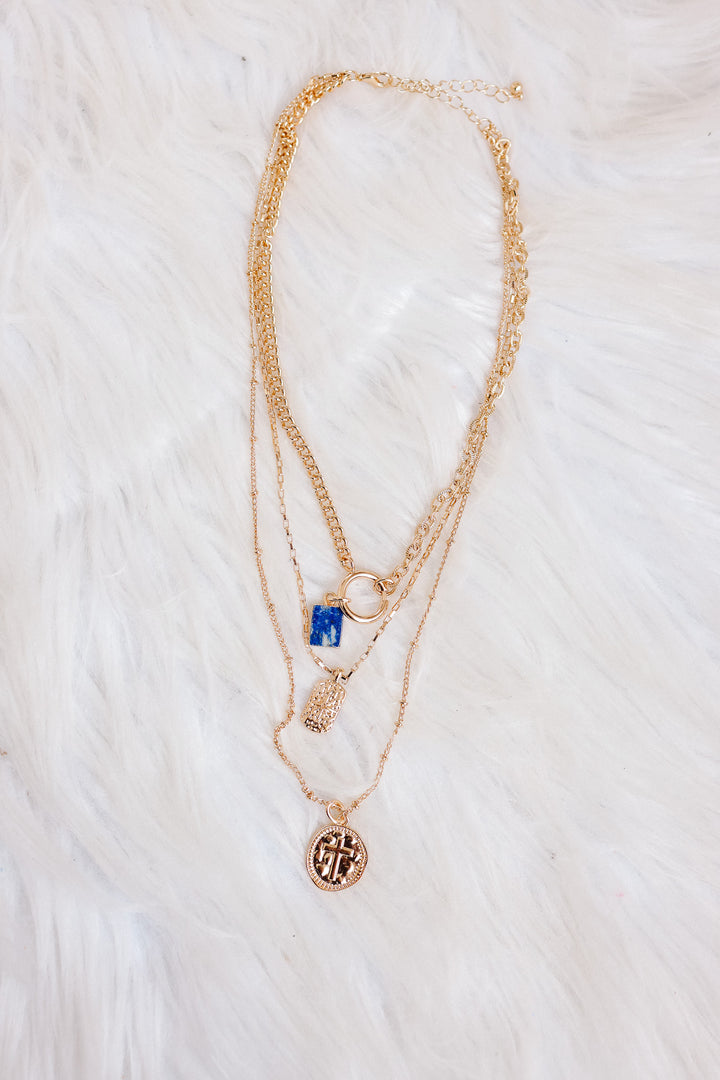 Layer Celestial Cross Blue Stone Charm Necklace