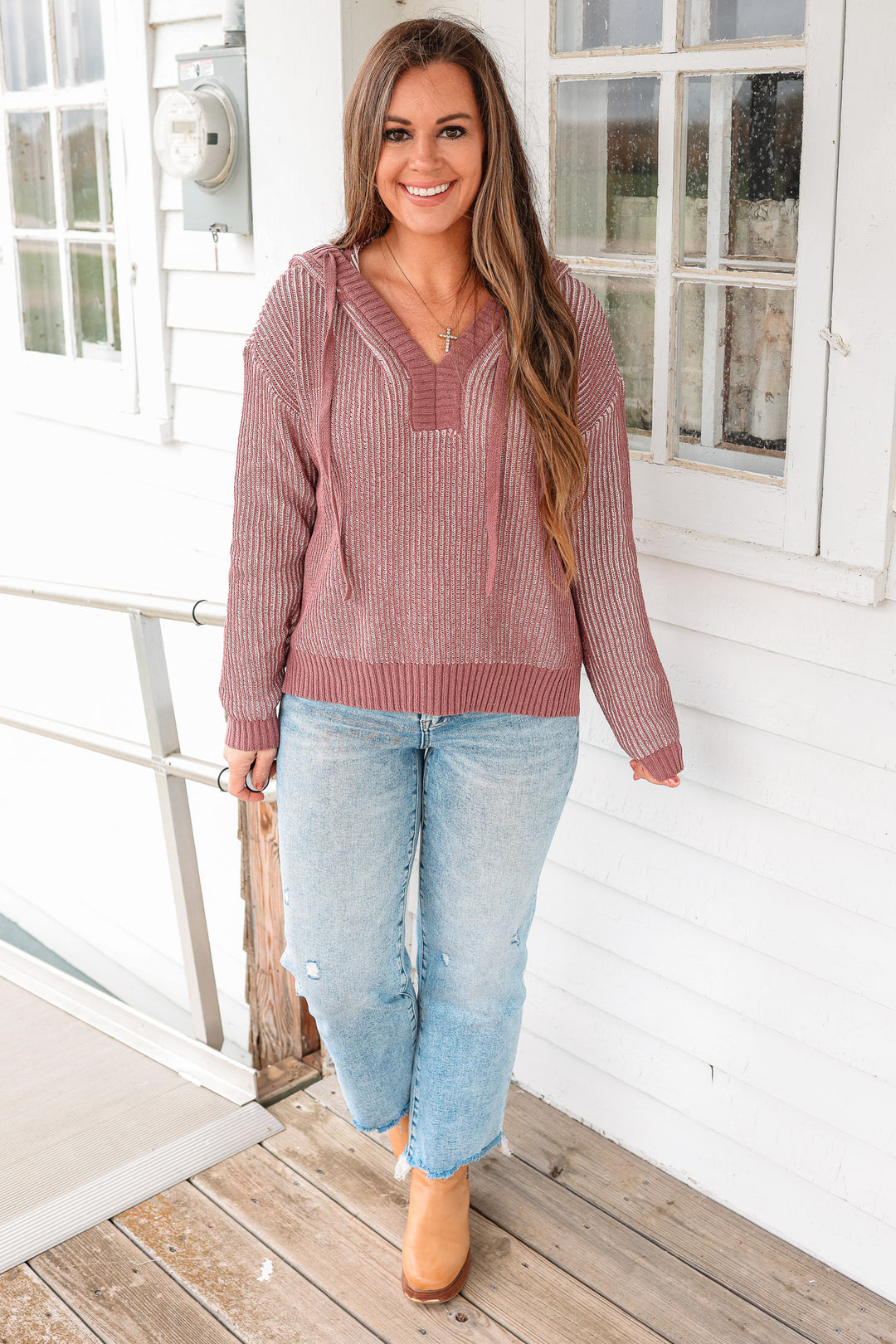 Lily V-Neck Sweater Hoodie - Dusty Plum