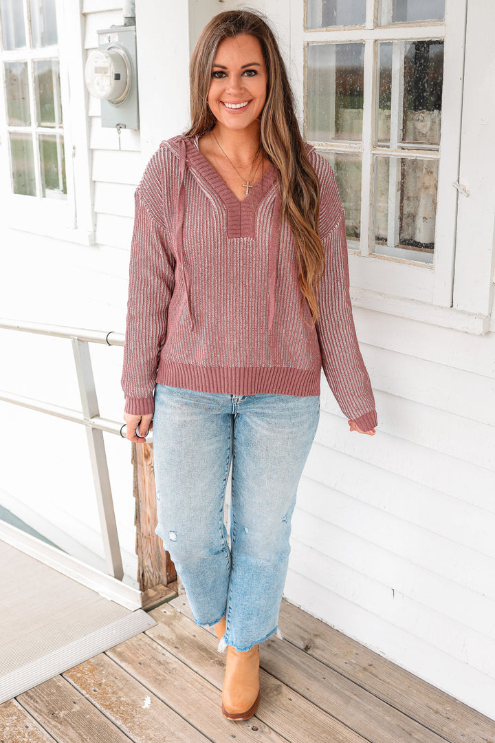Lily V-Neck Sweater Hoodie - Dusty Plum