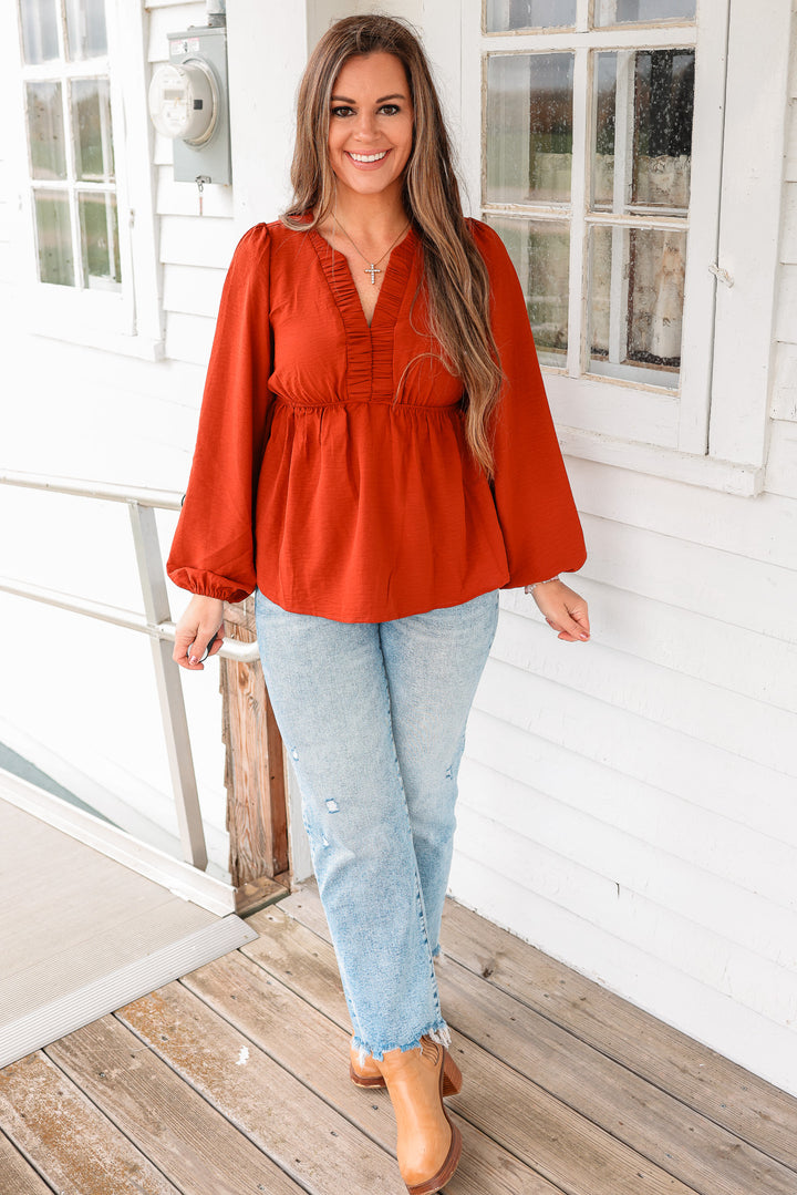 Marlowe Ruched Pintuck Babydoll Top - Rust