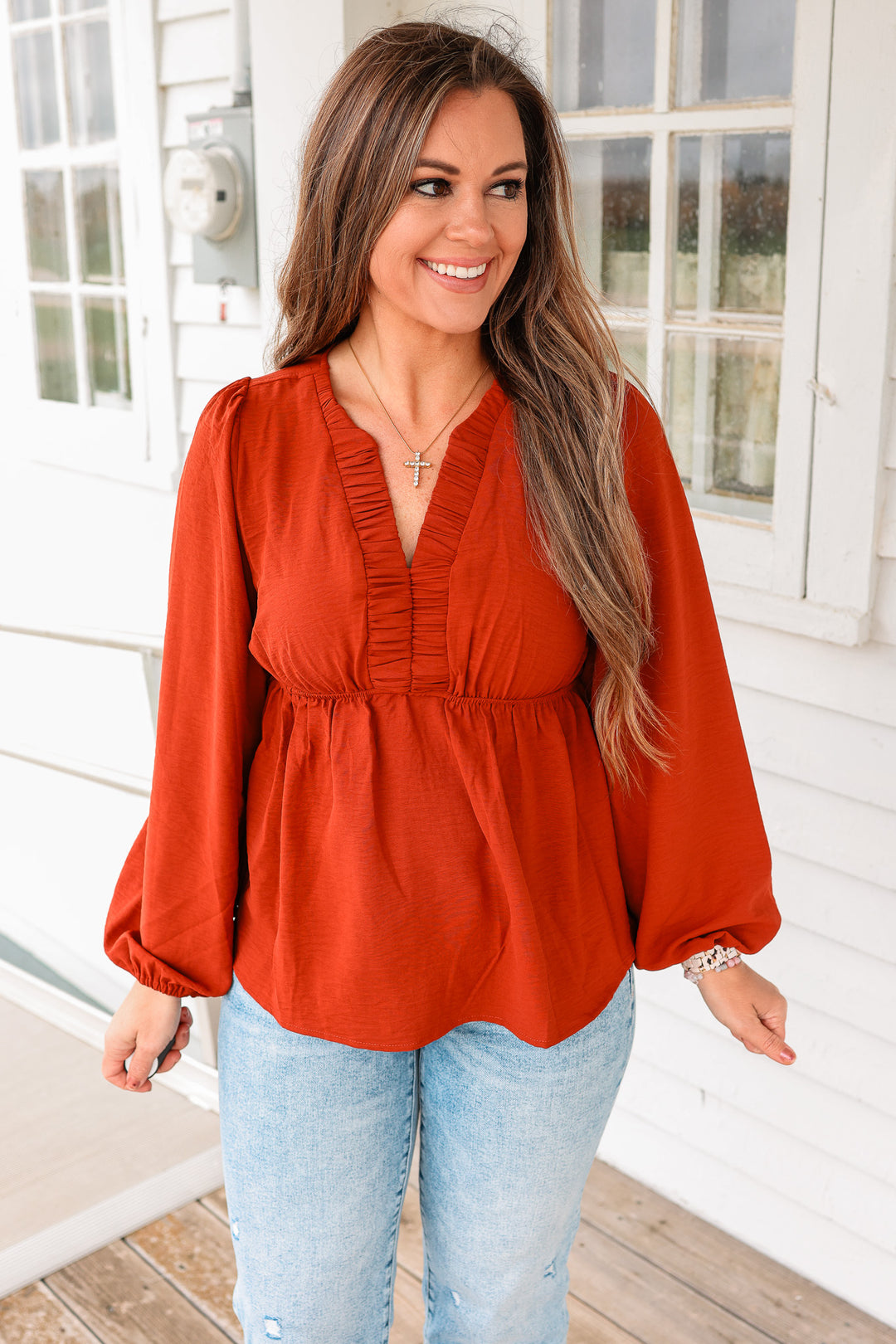 Marlowe Ruched Pintuck Babydoll Top - Rust