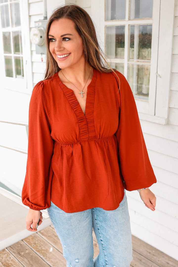 Marlowe Ruched Pintuck Babydoll Top - Rust