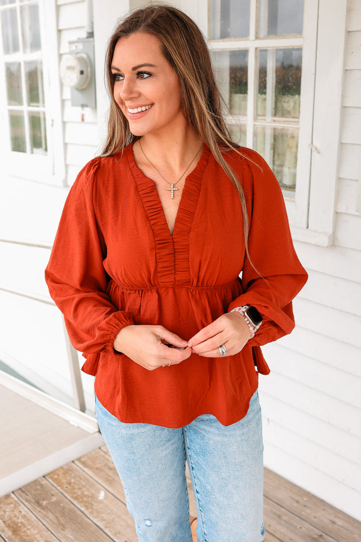 Marlowe Ruched Pintuck Babydoll Top - Rust
