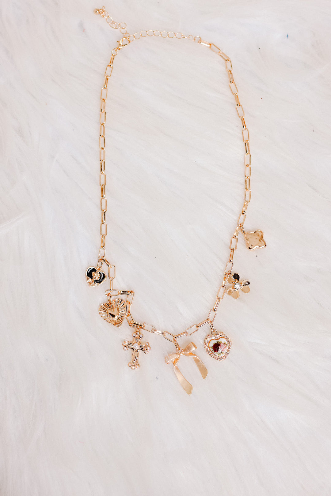 Porcelain Floral Bow Cross Heart Charm Necklace