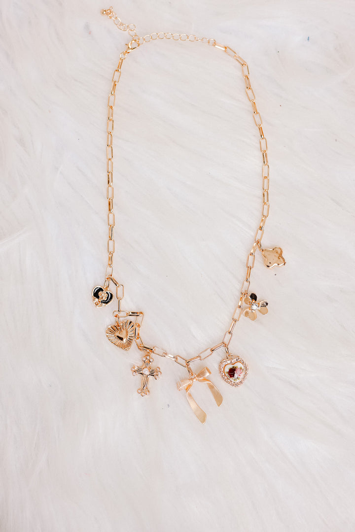 Porcelain Floral Bow Cross Heart Charm Necklace