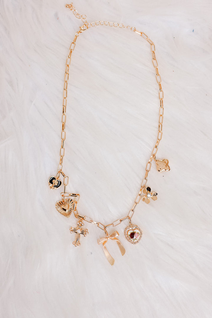 Porcelain Floral Bow Cross Heart Charm Necklace