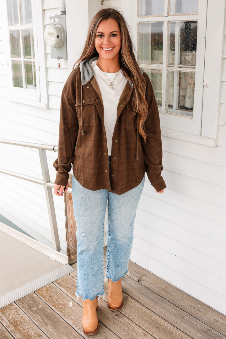 Cole Brushed Plaid Button Down Shacket - Tobacco