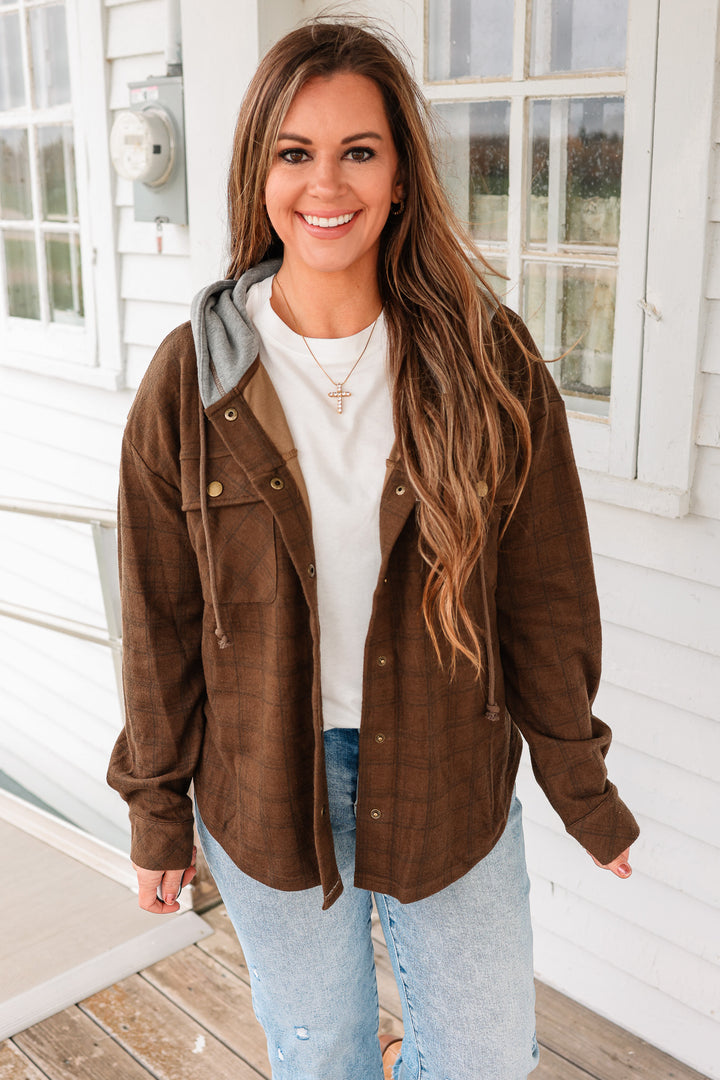 Cole Brushed Plaid Button Down Shacket - Tobacco