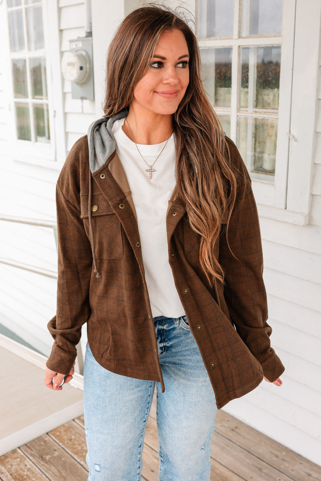 Cole Brushed Plaid Button Down Shacket - Tobacco