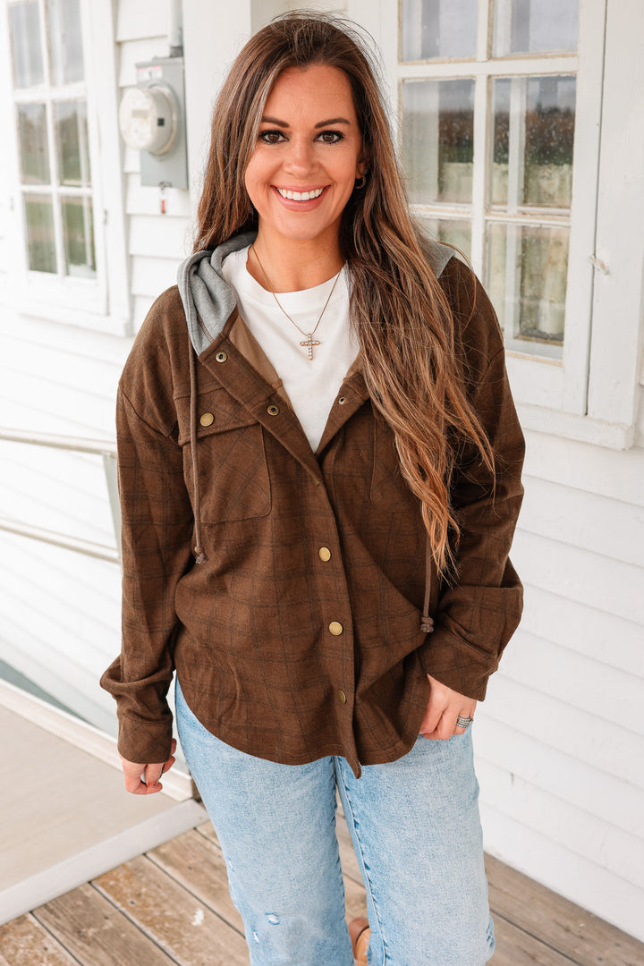 Cole Brushed Plaid Button Down Shacket - Tobacco