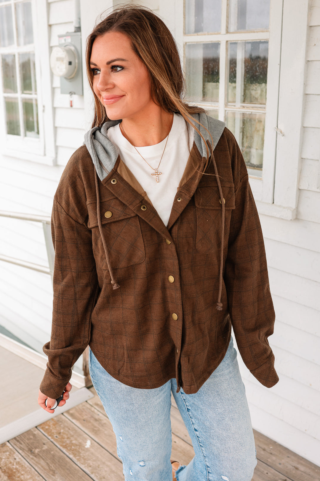 Cole Brushed Plaid Button Down Shacket - Tobacco