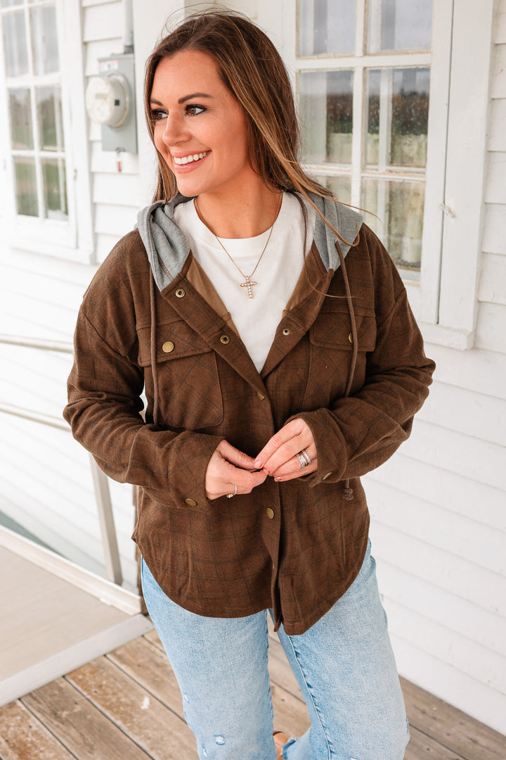 Cole Brushed Plaid Button Down Shacket - Tobacco