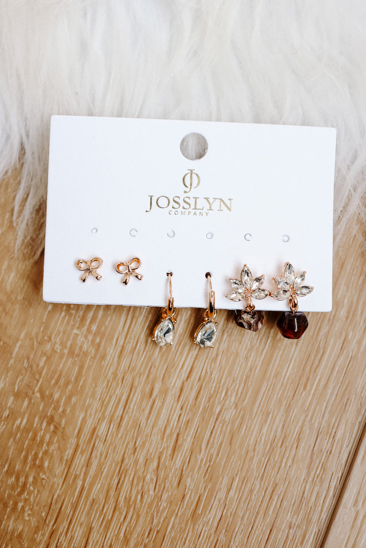 Trio Gold-Tone Floral & Drop Earring Set