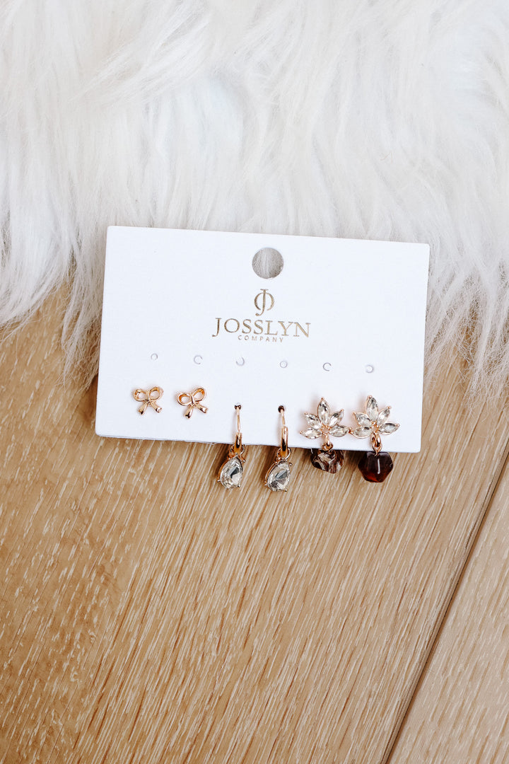 Trio Gold-Tone Floral & Drop Earring Set