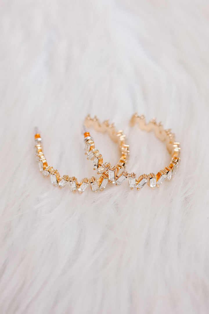 Baguette Crystal Zigzag Gold Hoop Earrings