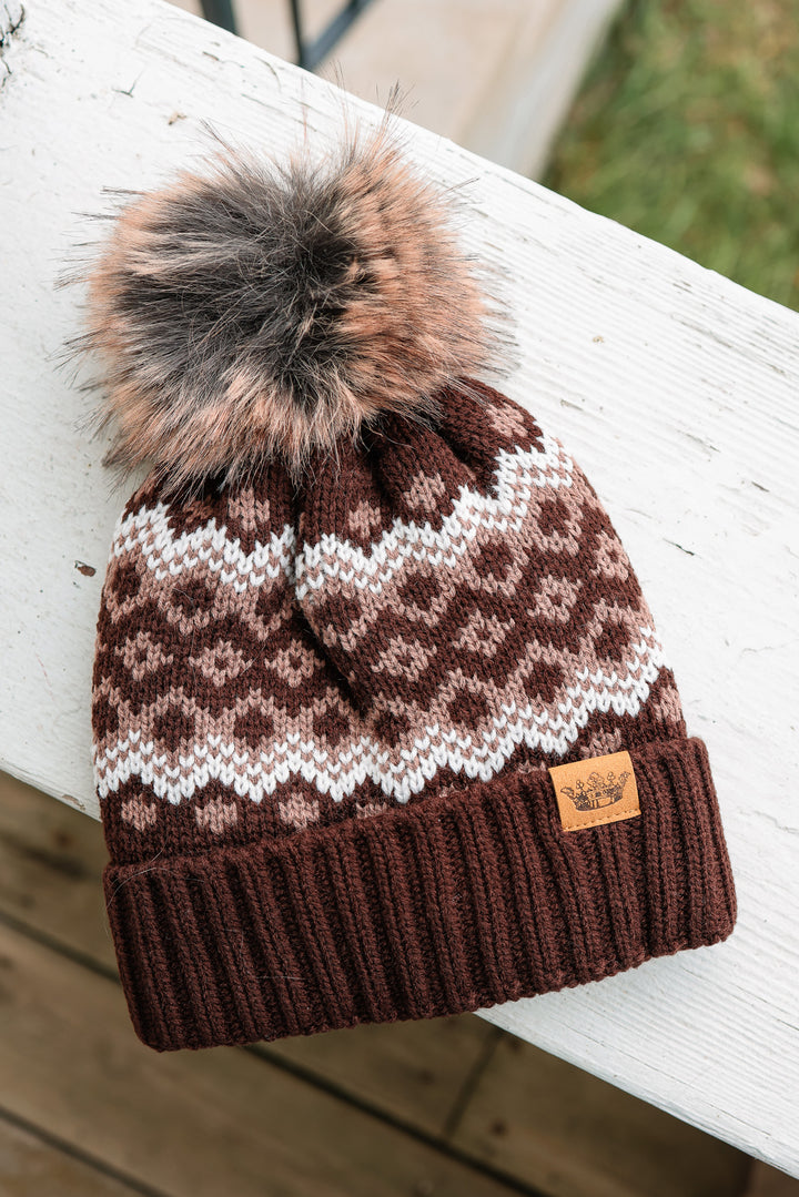 Patterned Pom Hat - Brown