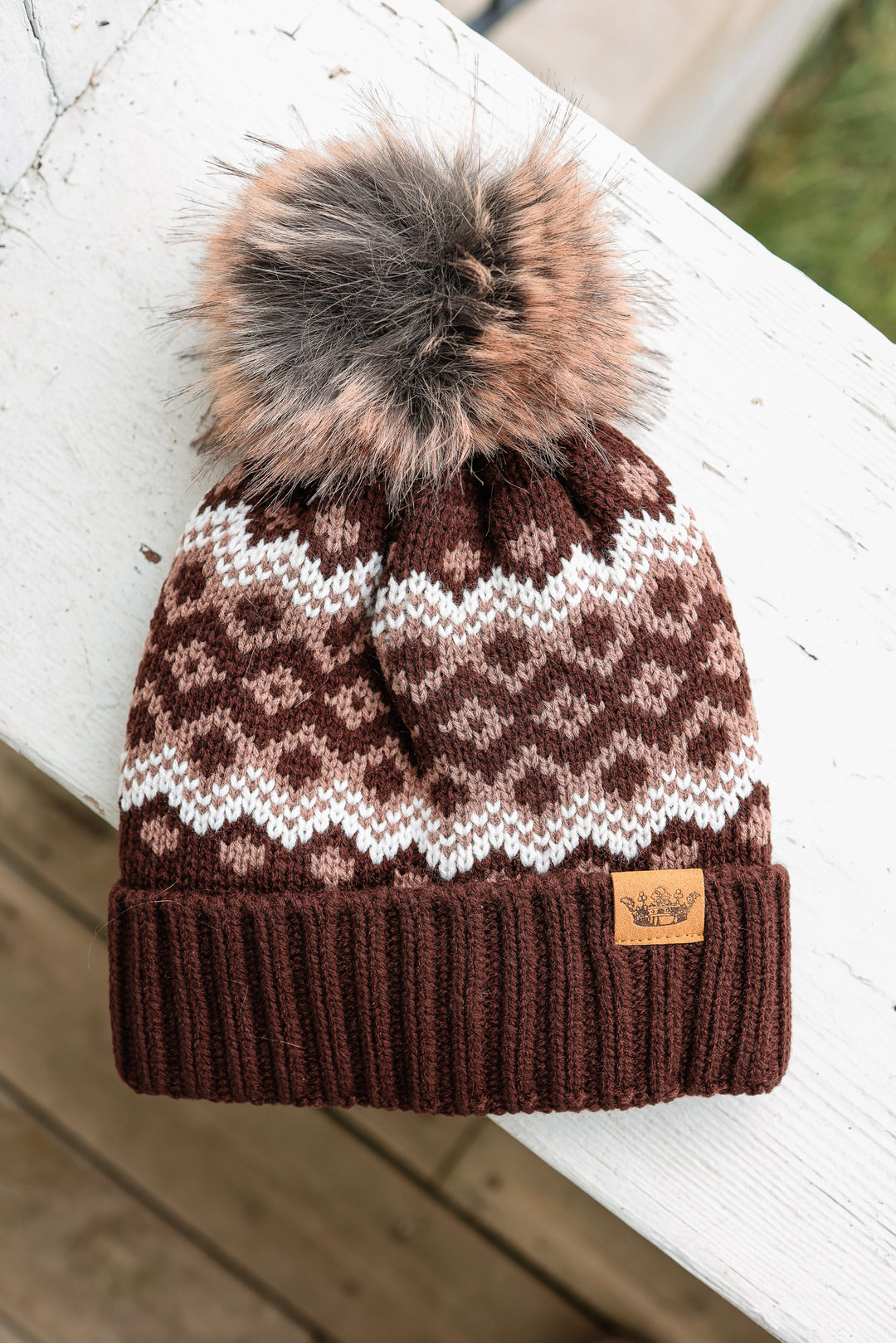 Patterned Pom Hat - Brown