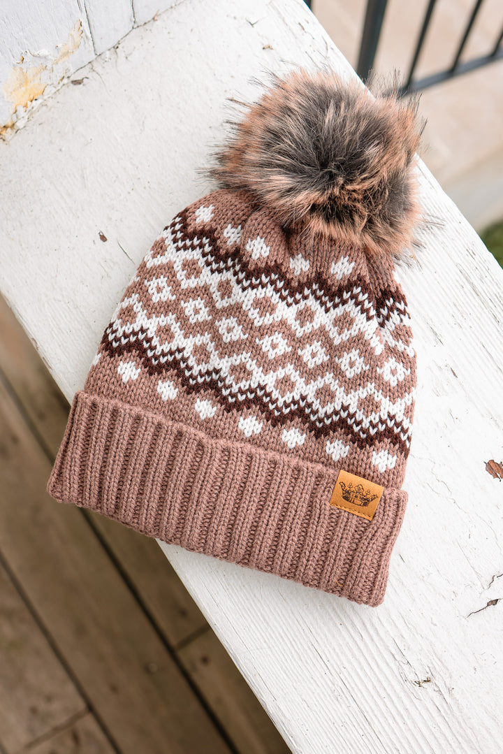 Patterned Pom Hat - Mocha