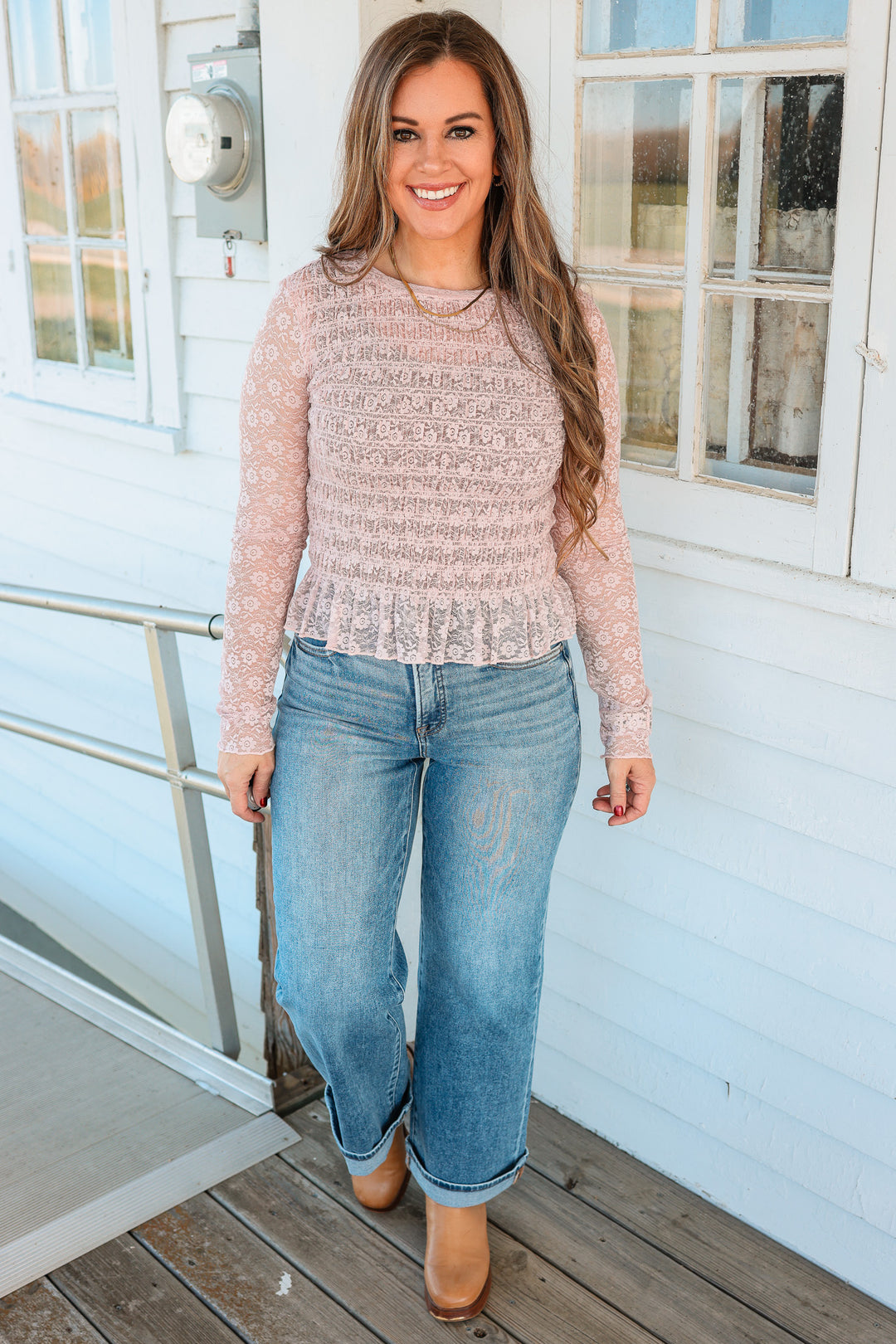 Corinne Smocked Lace Top - Mauve