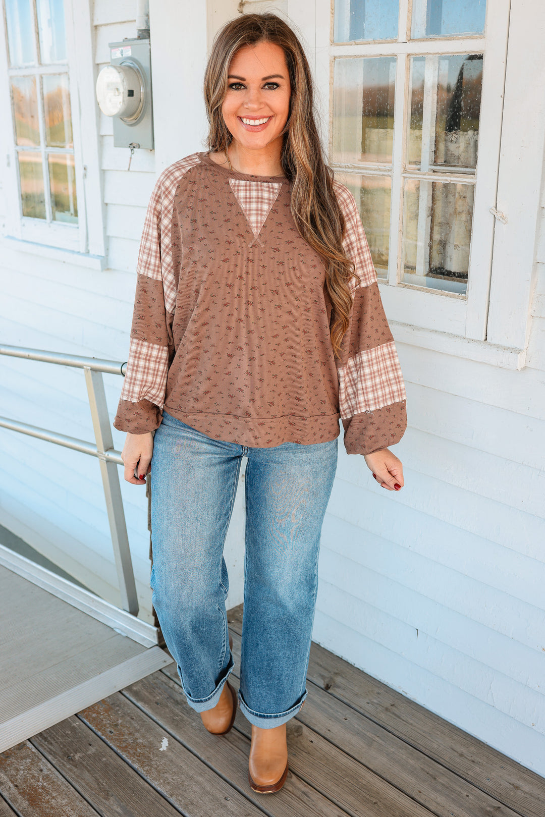 Elodie Floral Plaid Color Block Top - Brown