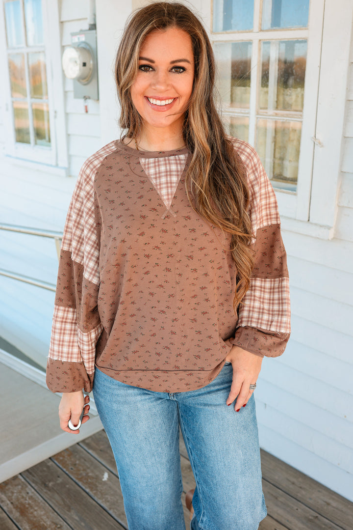Elodie Floral Plaid Color Block Top - Brown