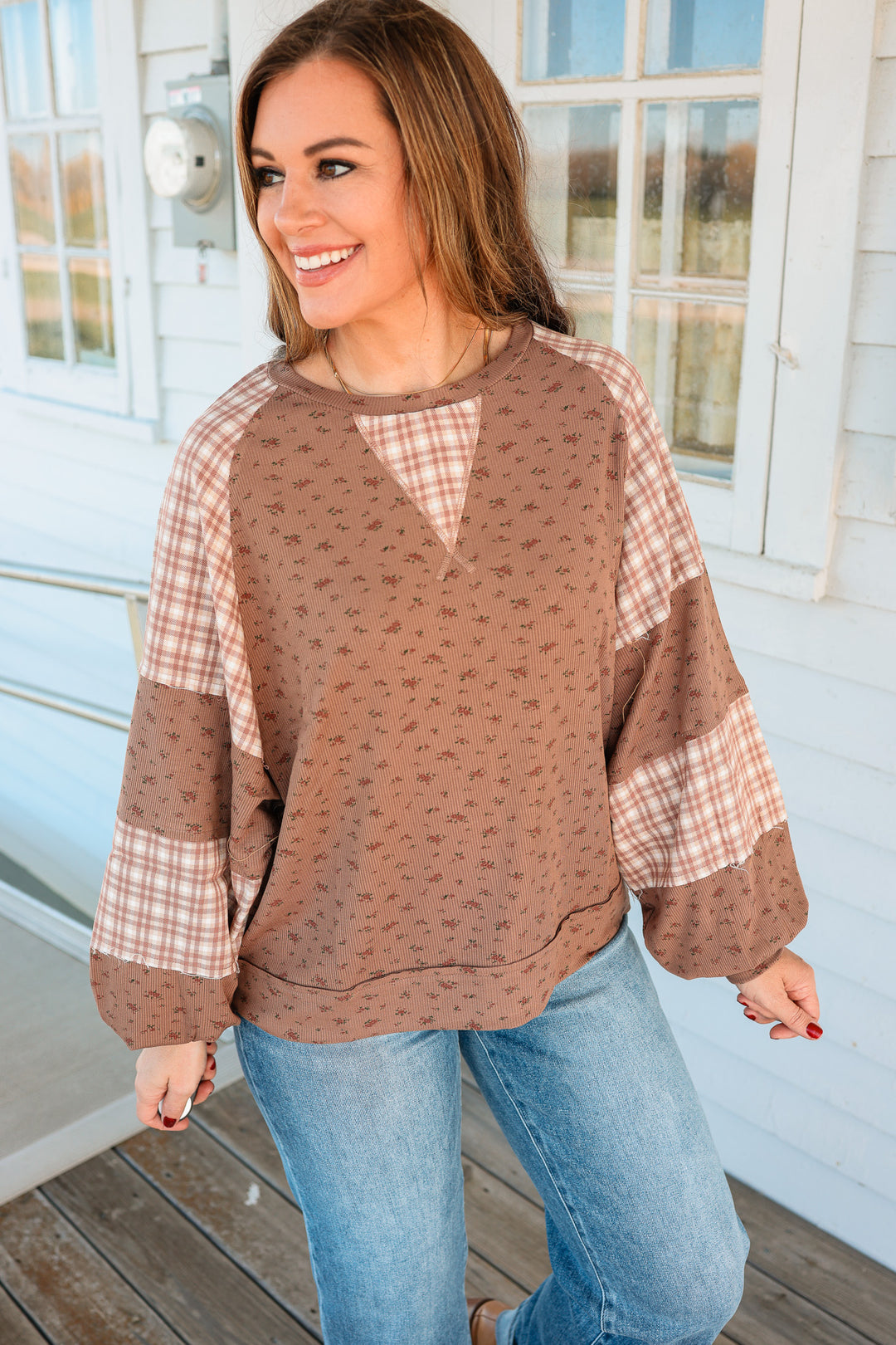 Elodie Floral Plaid Color Block Top - Brown