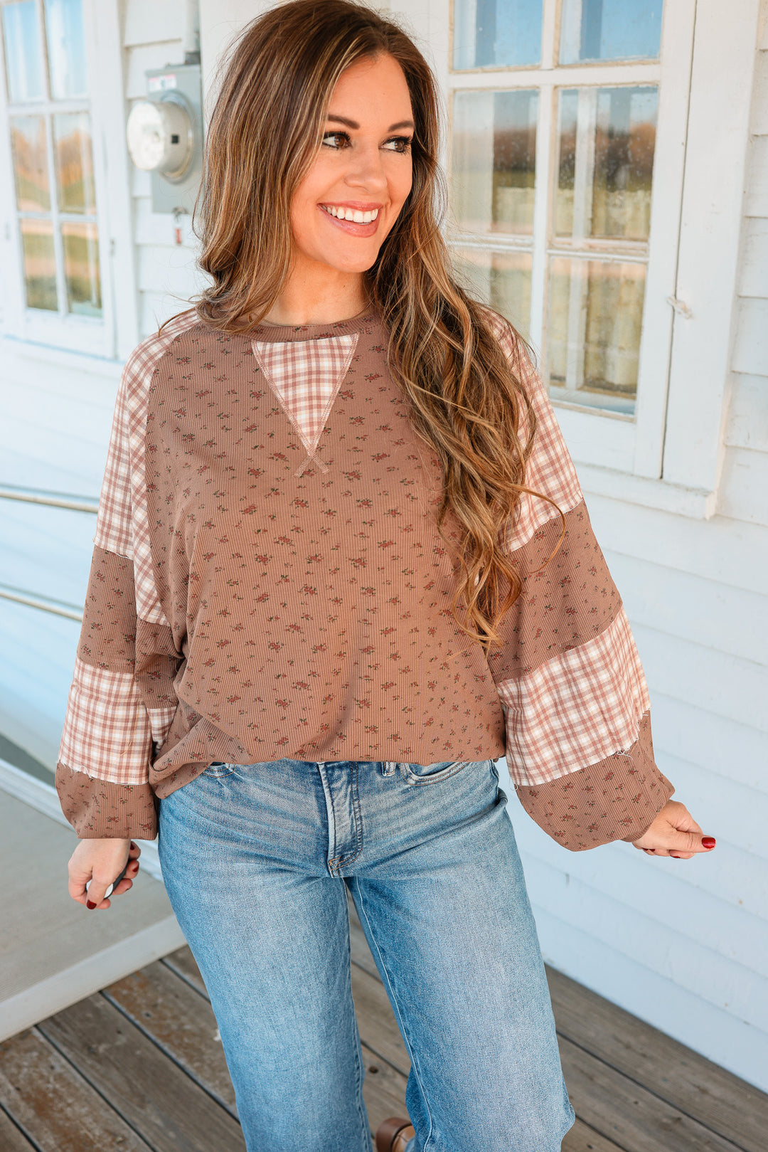 Elodie Floral Plaid Color Block Top - Brown