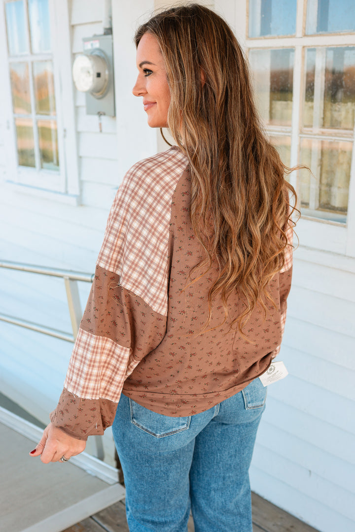 Elodie Floral Plaid Color Block Top - Brown