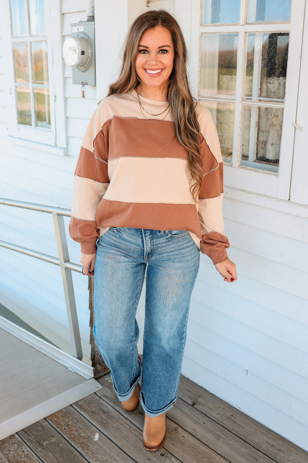 Mariella Panel Long Sleeve Top - Natural Caramel