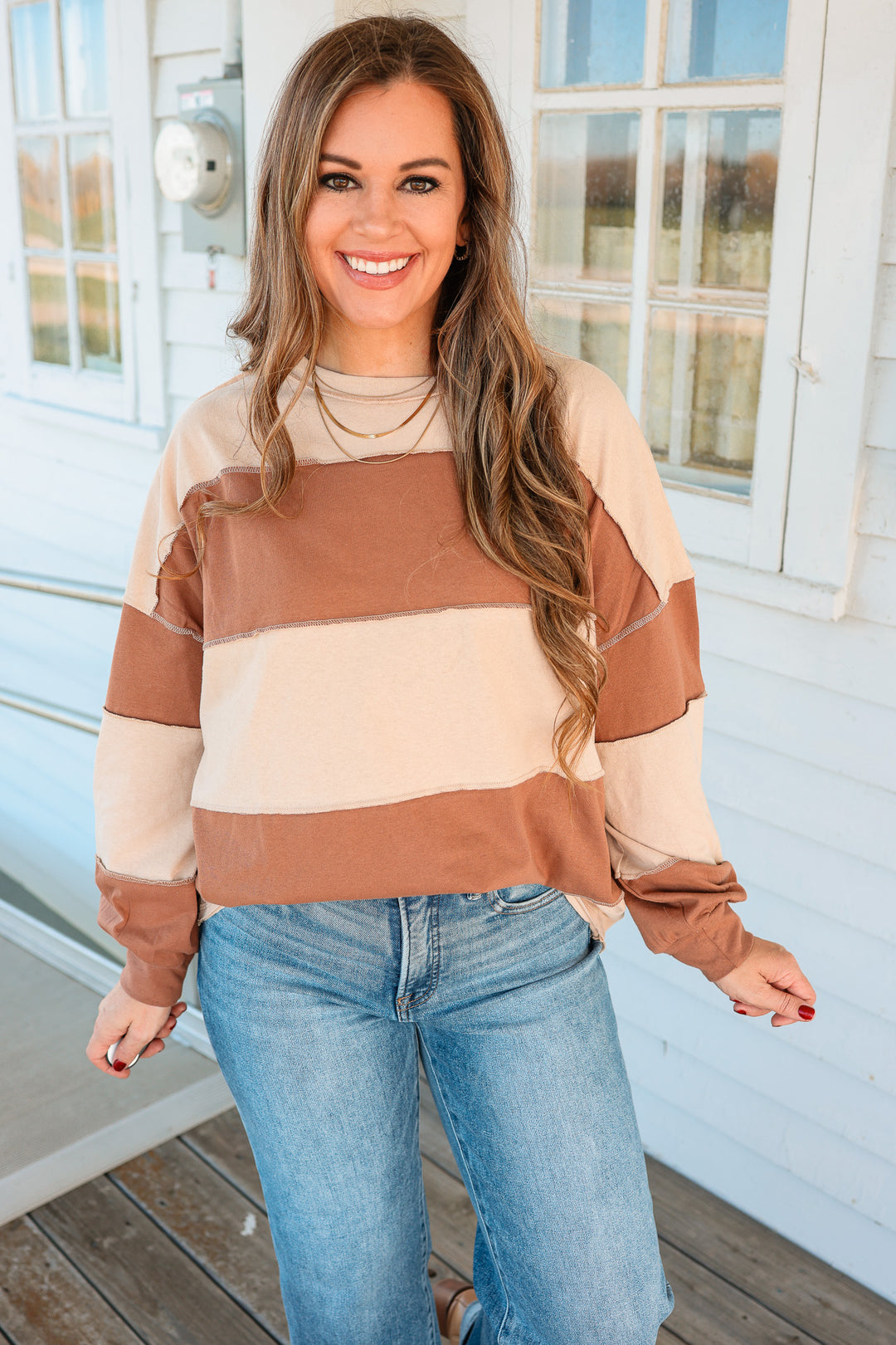 Mariella Panel Long Sleeve Top - Natural Caramel